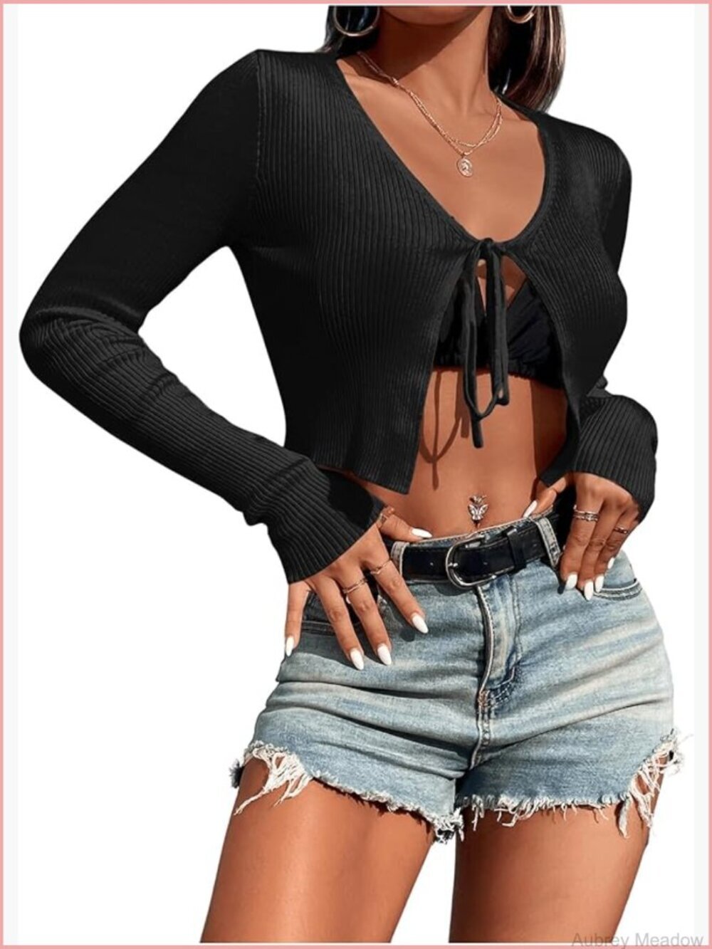 Women's V Neck Ribbed Knit Tie Front Cropped Long Sleeve Cardigan Outwear